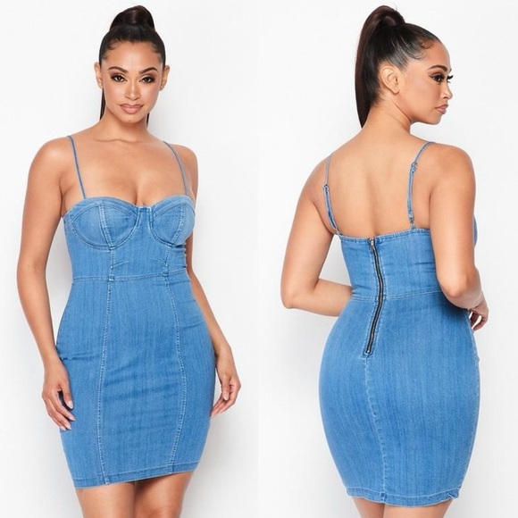 💙 Sexy Stretch Medium Wash Denim Sweetheart Bust Mini Dress (B) - Picture 1 of 5
